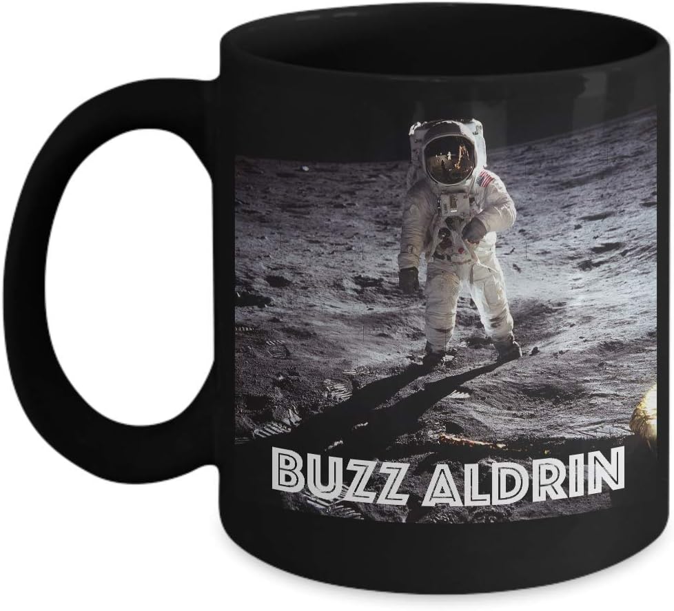 Buzz Aldrin Apollo 11 Nasa crew moon landing black coffee mug 50th anniversary vintage reach for the stars, Outer space walk mission themed memorabilia