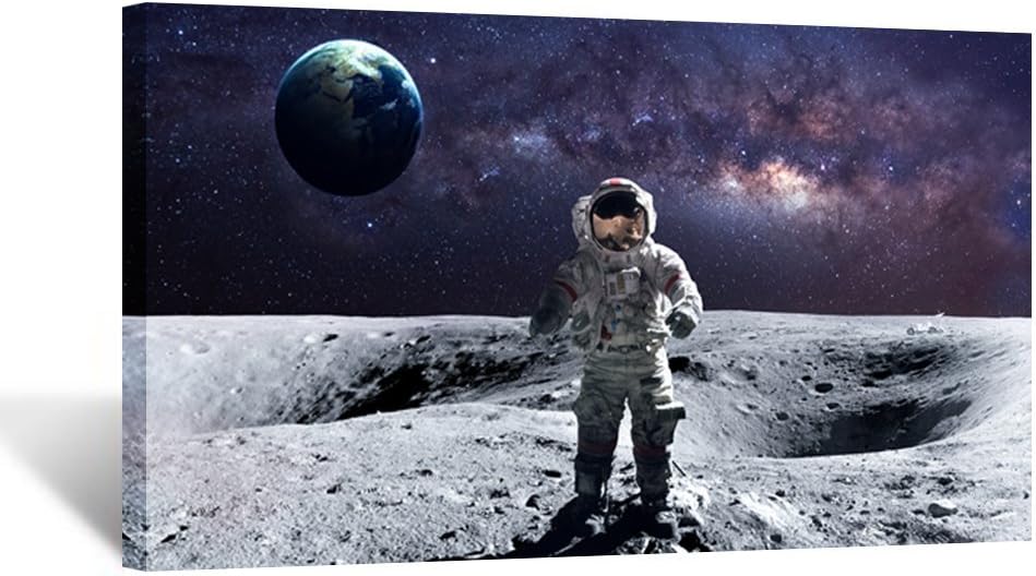 KREATIVE ARTS - Astronaut Standing on the Moon Overlooking Planet Earth Poster Canvas Print Wall Art Landscape Picture Printed on Canvas NASA Home Decoration Giclee Artwork Ready to Hang 20\'\'x36\'\'