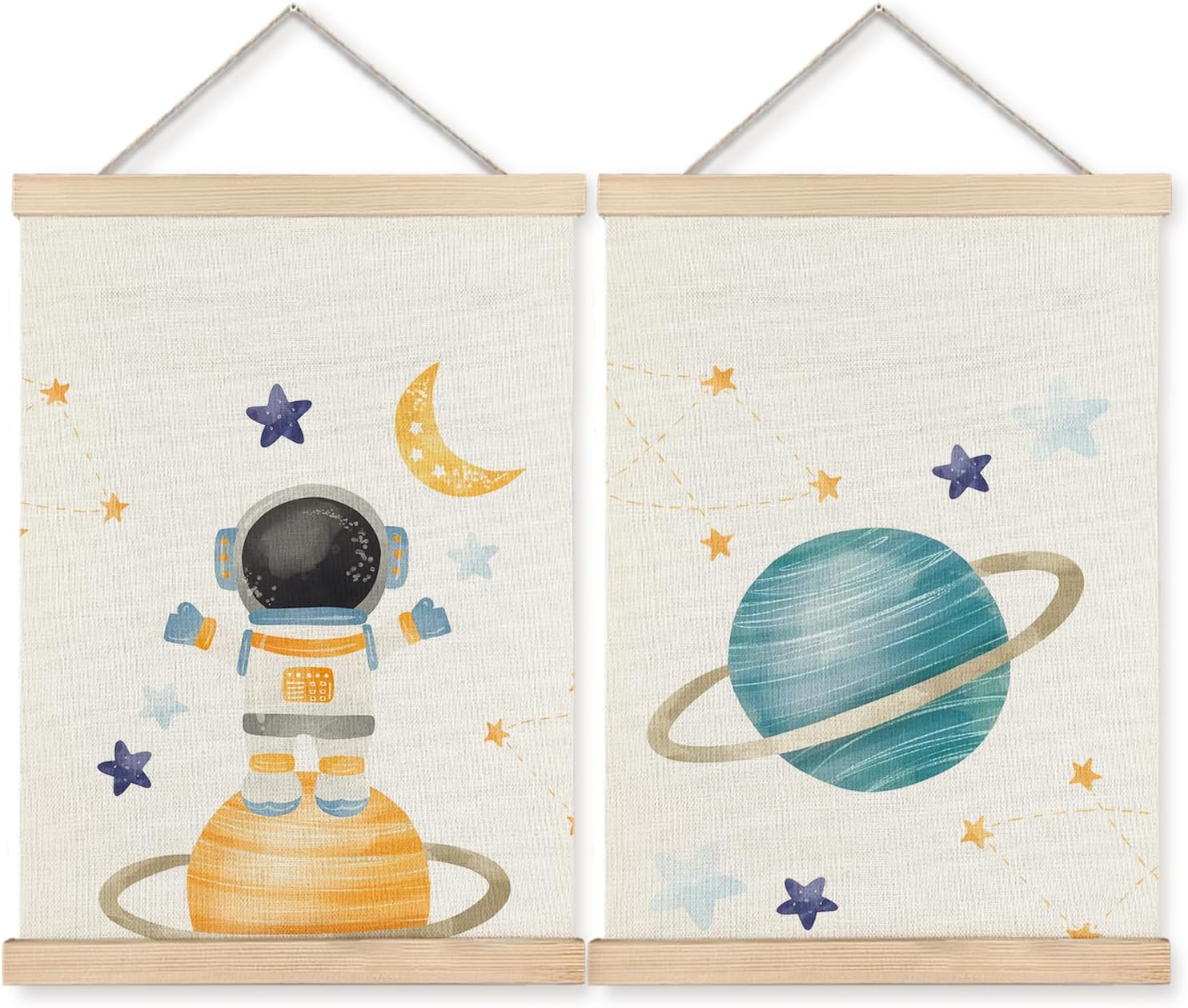 BearCake Space Nursery Decor, Solar System Plants Spaceman Wall Art Poster Hanger Frame, Space Canvas Prints Framed Wall Decor for Classroom Toddler Boys Room Nursery Playroom, 12x16 Inch Set of 2