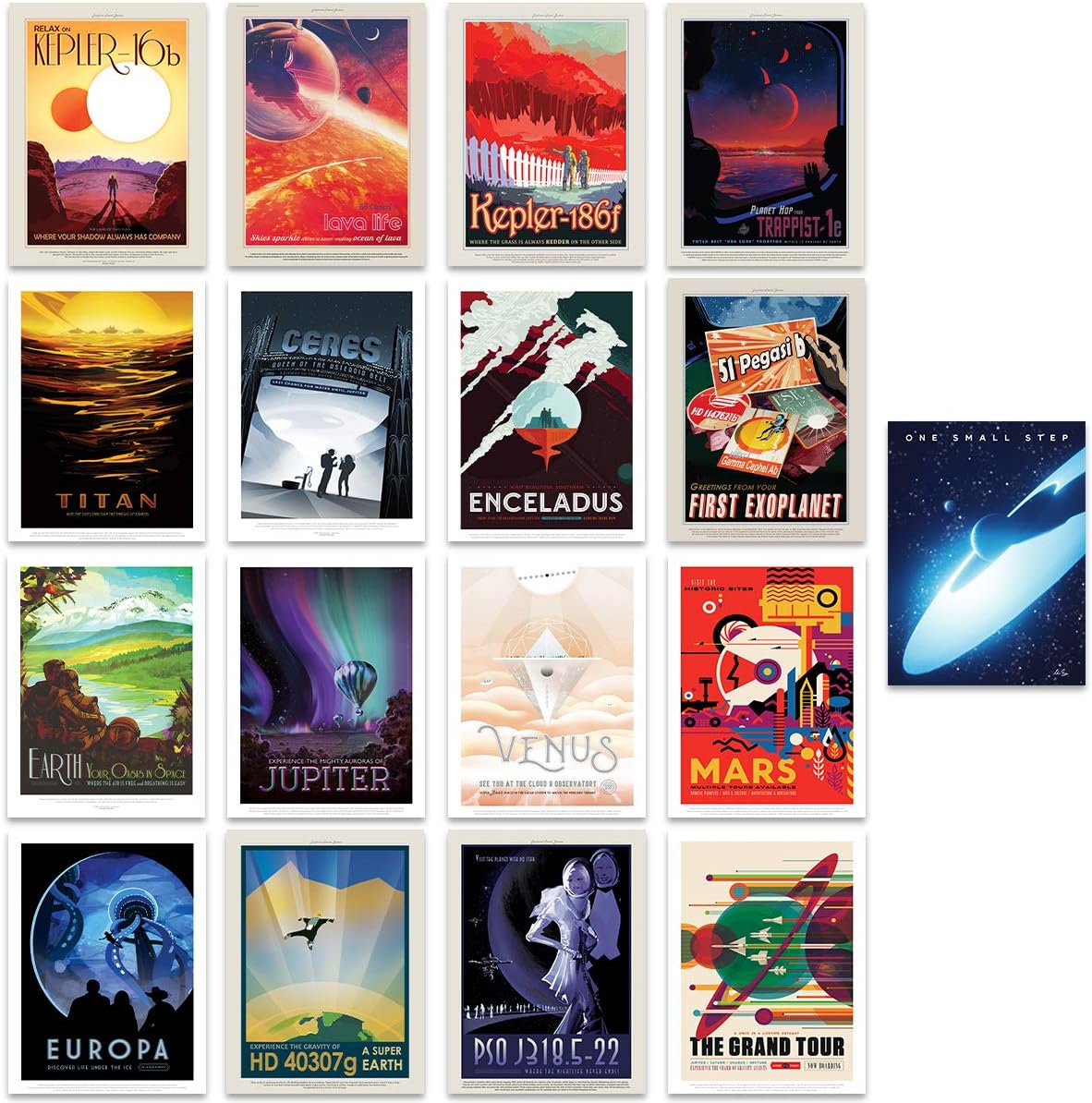 NASA Space Grand Tour Travel Exploration Exoplanet Art Print Poster Home Decor Premium Pack of 17 - includes Custom 50th Anniversary Apollo 11 Moon Landing Print