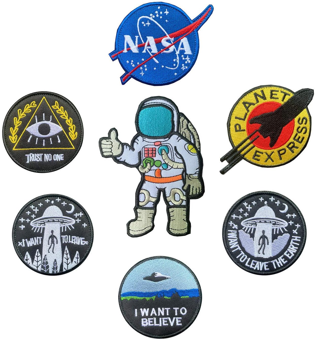 7 Pieces Space Theme Patch Set NASA/I Want to Leave The Earth/Trust No One/I Want to Believe/I Want to Leave/Planet Express/Astronaut Embroidered Applique Emblem Badge Patch