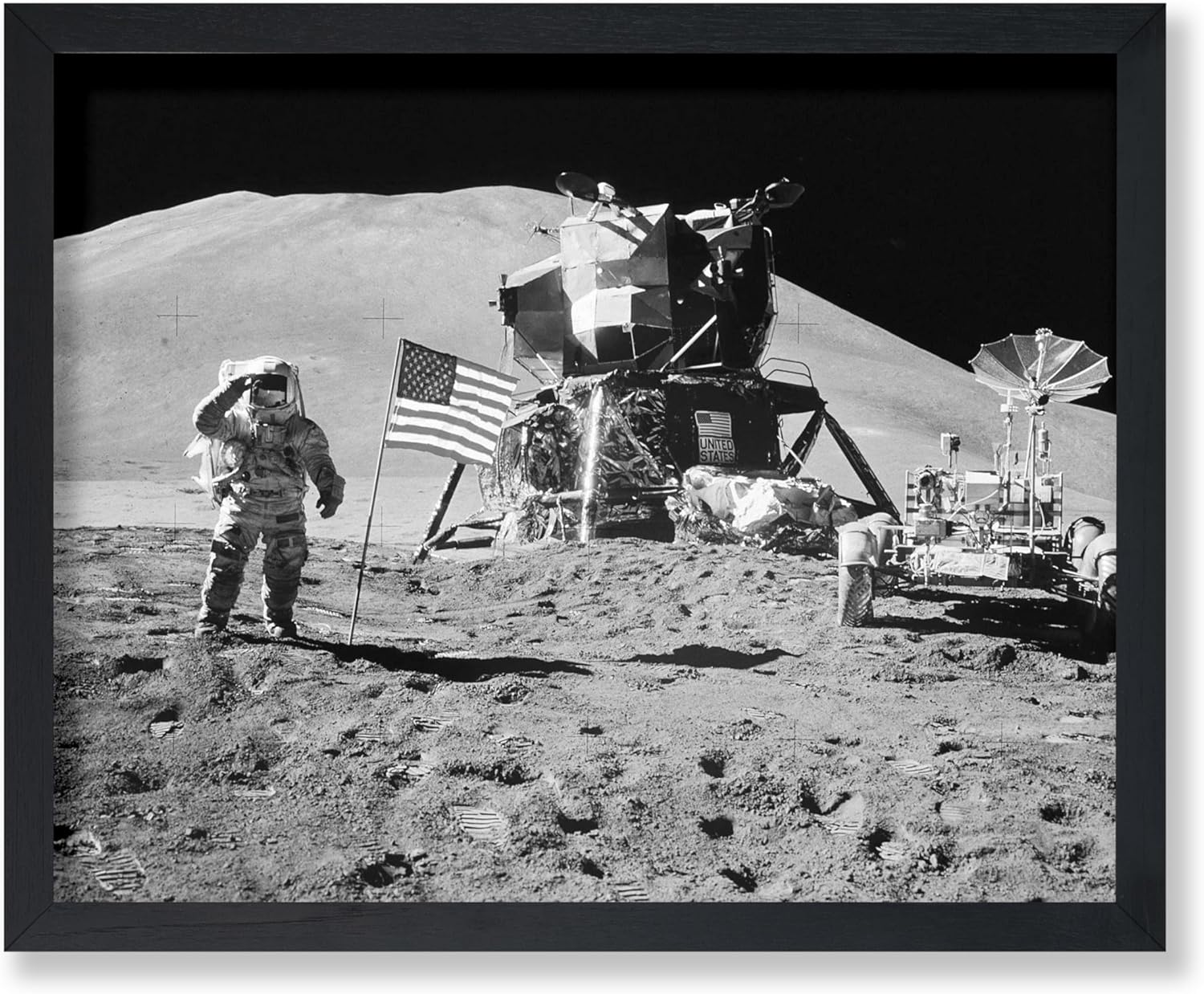 Poster Master Apollo 15 Poster - Astronaut in Moon Print - Space Exploration Art - American Flag Art - NASA Art - Black and White Art - Photography Art - Office Wall Decor - 8x10 UNFRAMED Wall Art