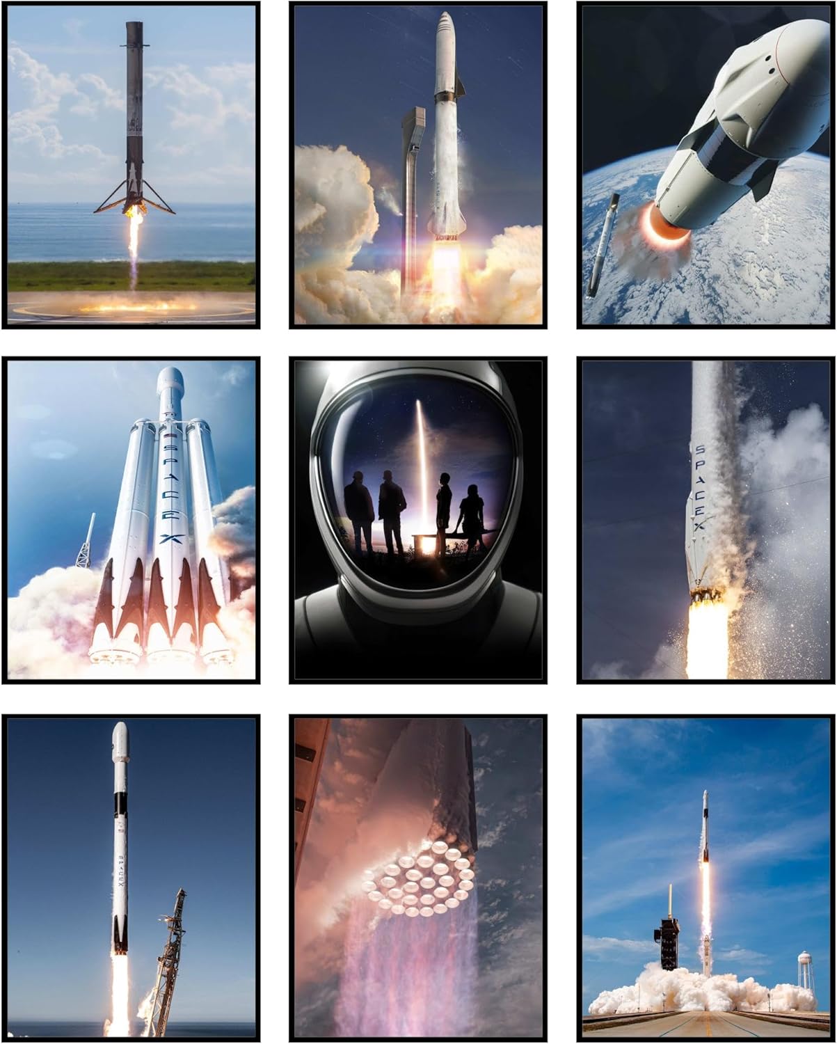 BigWig Prints - SpaceX Poster Set, Starship and Falcon 9 Rocket Wall Art, Space Exploration Decor, Gifts for Space Enthusiasts, SpaceX Merchandise for Bedroom or Office - Unframed Set of 9 (8x10)