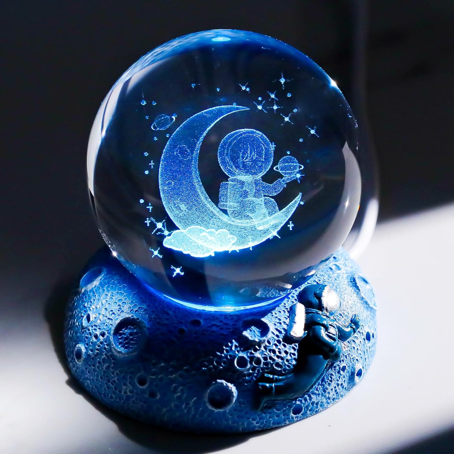 Crystal 3D Astronaut and Moon 2.36in Ball Figurine Gifts for Him Son Glass Art for Room with Space Light Base Keepsake for Astronomy Lovers Home Decor Paperweight