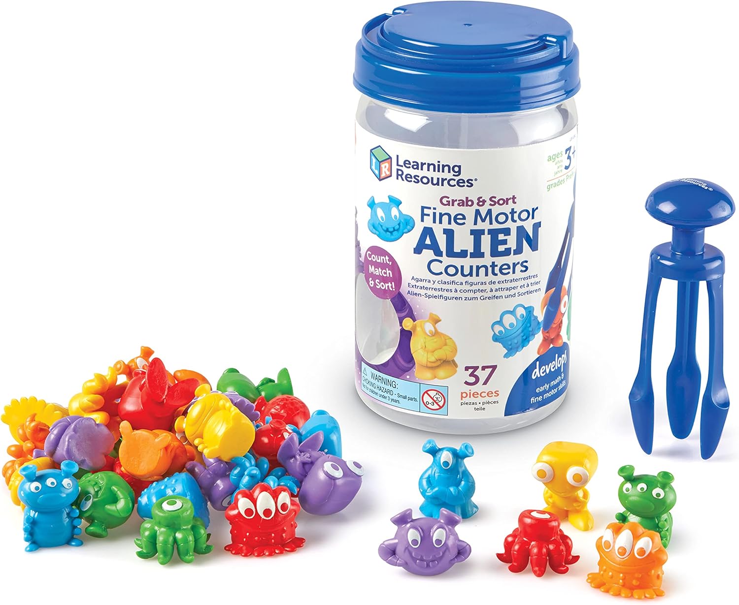 Learning Resources Grab & Sort Fine Motor Alien Counters, STEM Toys for Kids, Space Décor, Preschool Fine Motor Skills, PreK Manipulatives, 37 Pieces, Age 3+