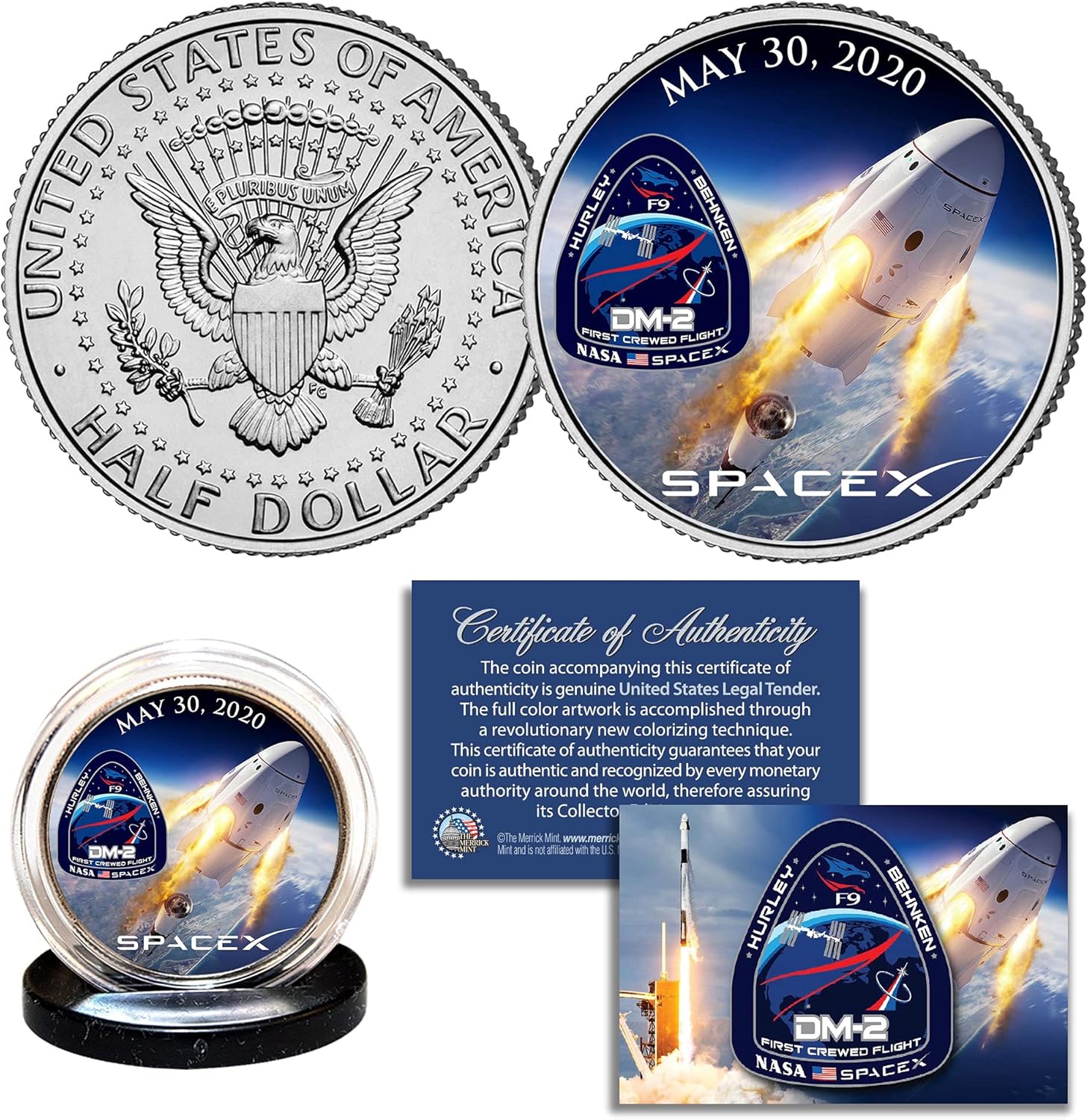 Space X Falcon 9 Rocket Carrying First Ever Crew US JFK Kennedy Half Dollar Coin