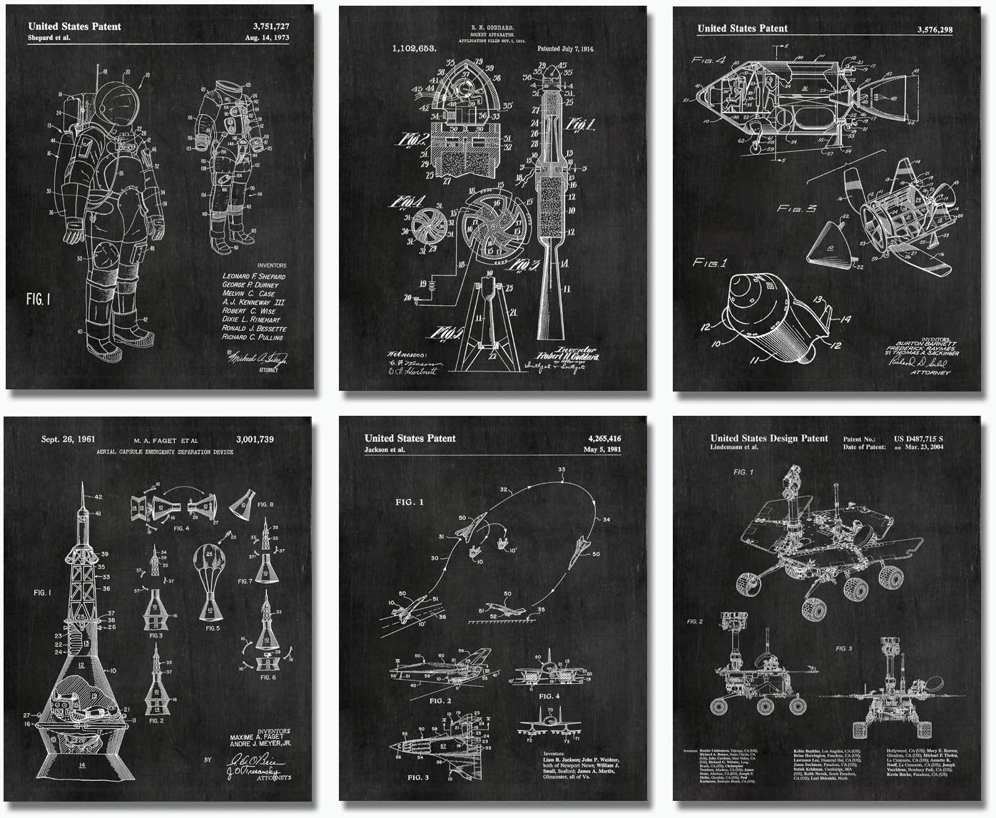 Space Decor Gifts - Outer Space Themed Bedroom Decorations - 6 (8x10 inch) UNFRAMED Wall Art Prints - Astronaut Geek Aerospace Engineering Science Lovers - Kids Room Patent Blueprint NASA