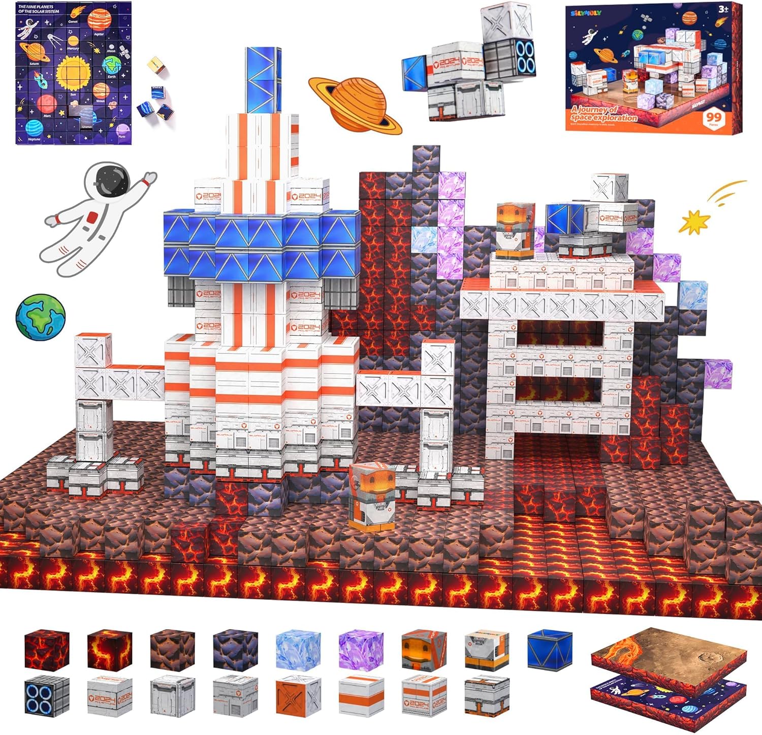 Magnetic Blocks Space Exploration Editon Set Magnetic Building Blocks STEM Montessori Sensory Toys Age 3-5 4-8 5-7 Gift for Kids Magnets Cubes 99pcs 1.2 inches